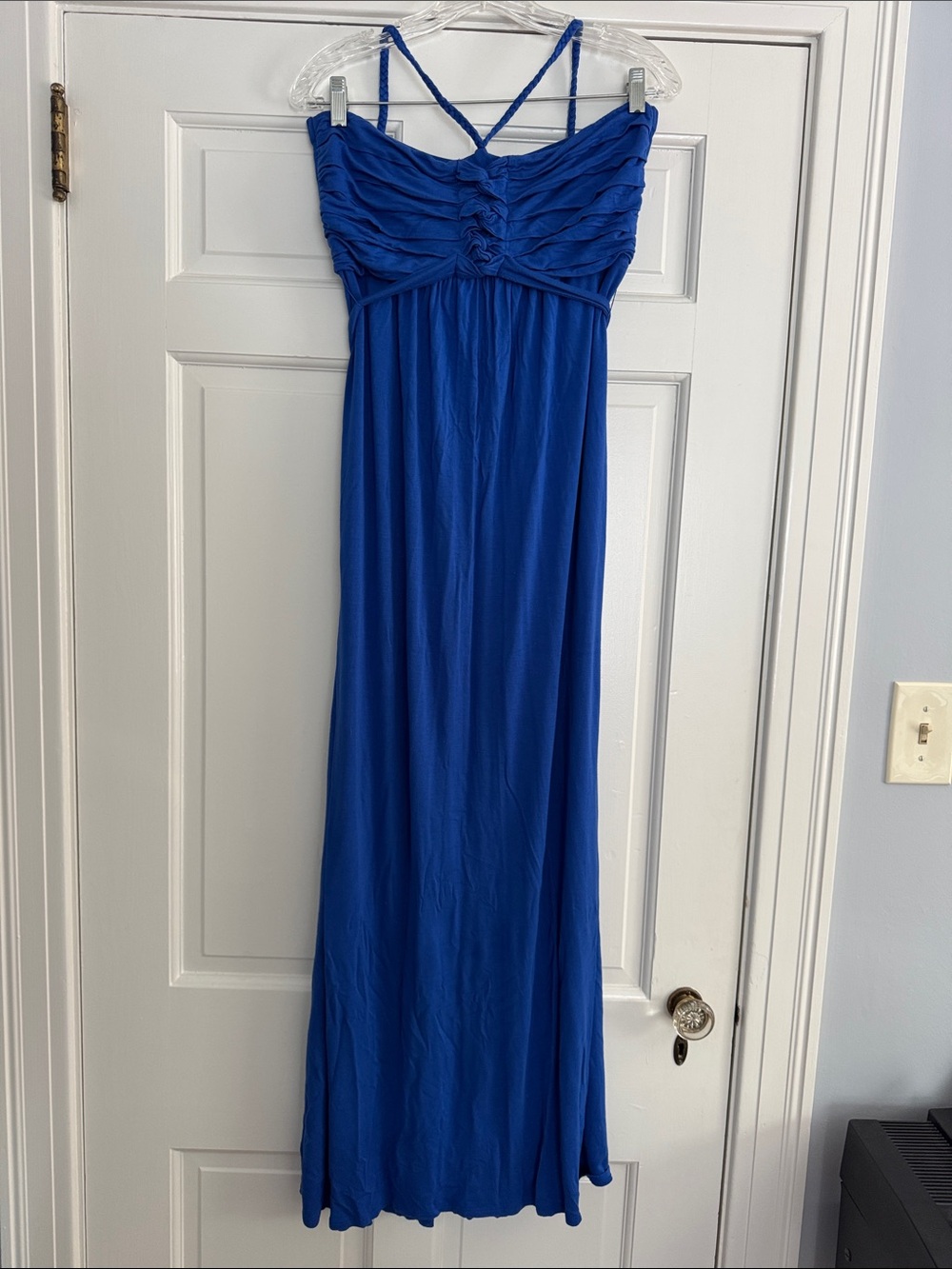 Wrapper Royal Blue Ruched Maxi Dress with tie neck and back